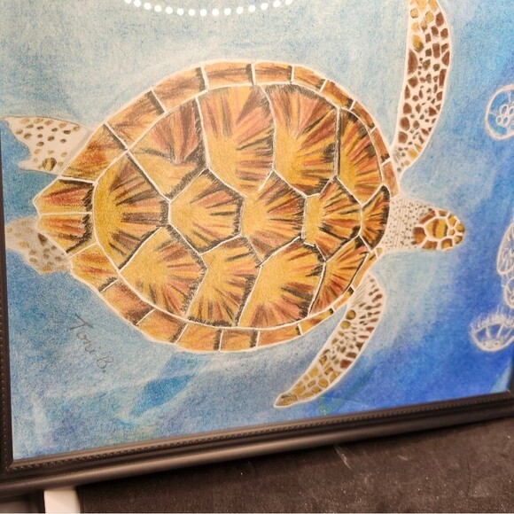 Hand Crafted Sea Turtle Colored Pencil Drawing Framed 9x11" - Picture 3 of 14